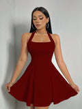 New Women's Clothing Halter Backless Waist A- Line Large Hem Skirt Dress