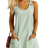 Round Neck Pocket Striped Overall Button Casual Jumpsuit Skirt