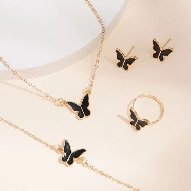 5PCS Fashion Butterfly Pendants Necklace Earrings Ring Bracelet Sets For Women Jewelry Set Bridal Wedding Jewelry Gift