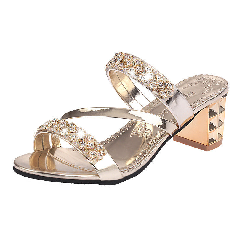 Women's Peep Toe Sandals Summer Rhinestone Mid Heel Diamond Sexy Korean Style Chunky Heel Shoes Fashionable Ladies Shoes