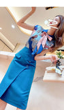 Women's Printing Color Contrast Sheath Skirt Suit