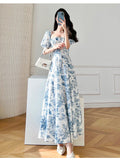 Vintage Floral Square Collar Puff Sleeve Short Sleeve Dress