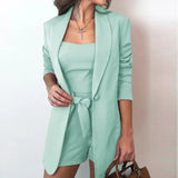 Pure Color Vest Suit Jacket Fashion Temperament High Waist Shorts Three-piece Women's Suit