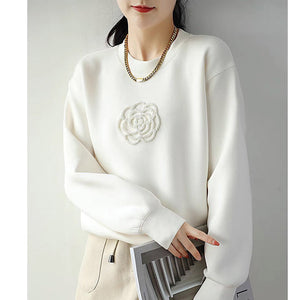 White Machine Embroidery Beaded Camellia Round Neck Loose All-match Air Layer Sweater