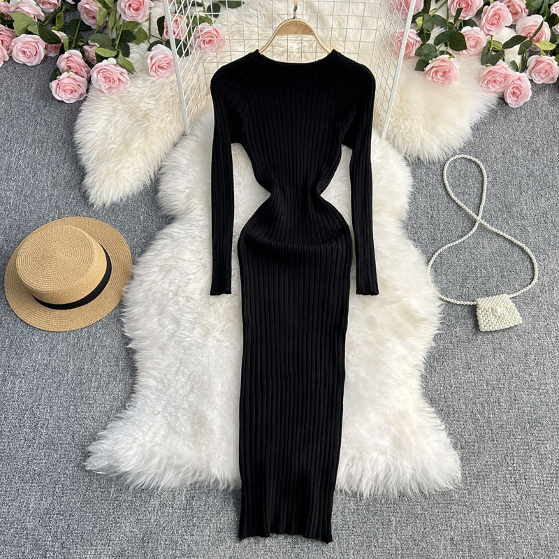 Autumn And Winter New Long Sleeve Round Neck Sexy Slim Fit Dress Waist