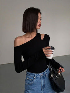 Women's Black Sexy One-shoulder Crossbody Bottoming Shirt