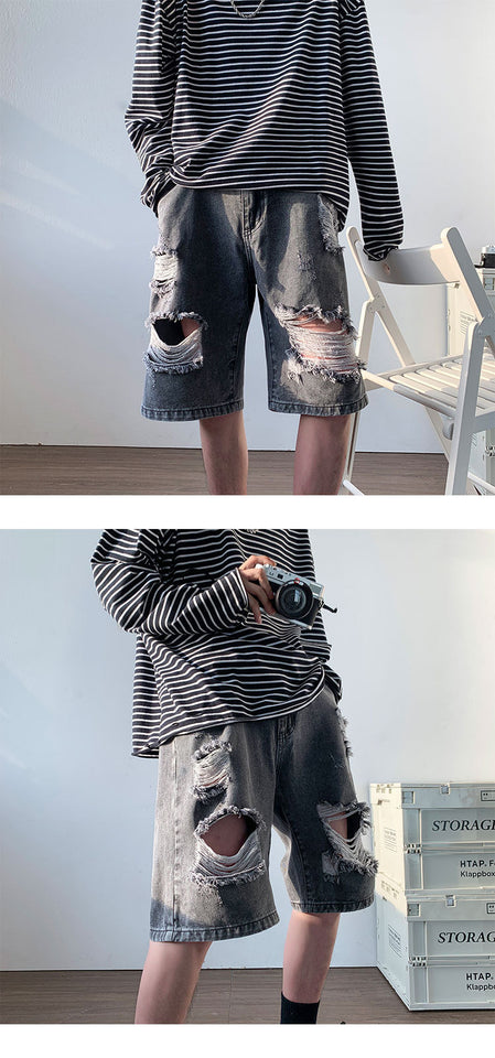 Ripped Denim Men's Fashion Brand Summer Outer Wear Loose Shorts