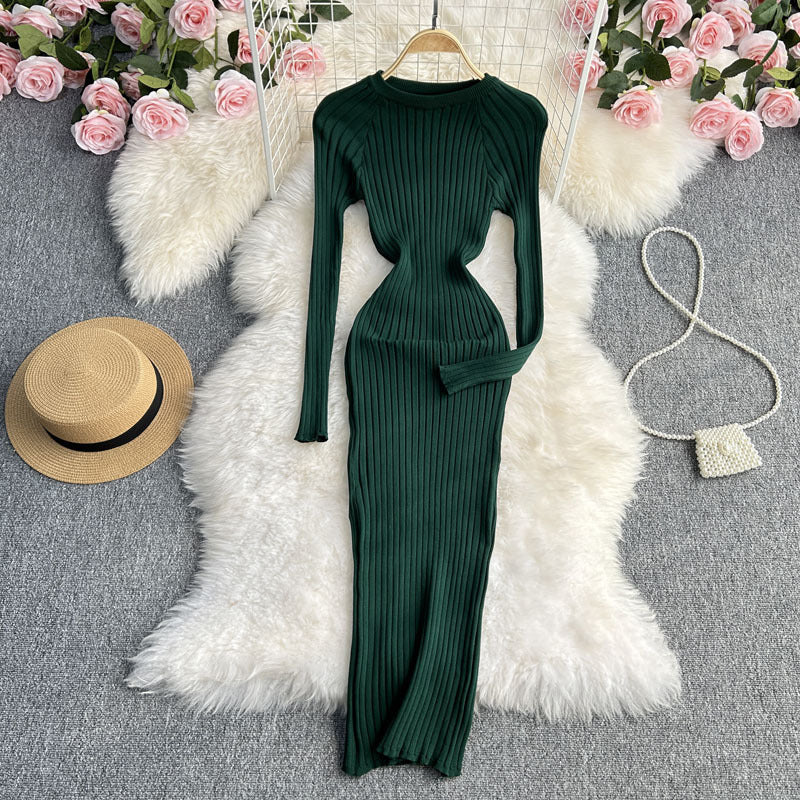 Autumn And Winter New Long Sleeve Round Neck Sexy Slim Fit Dress Waist