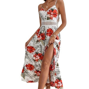 Printed V-neck Brace Lace Stitching High Slit Dress