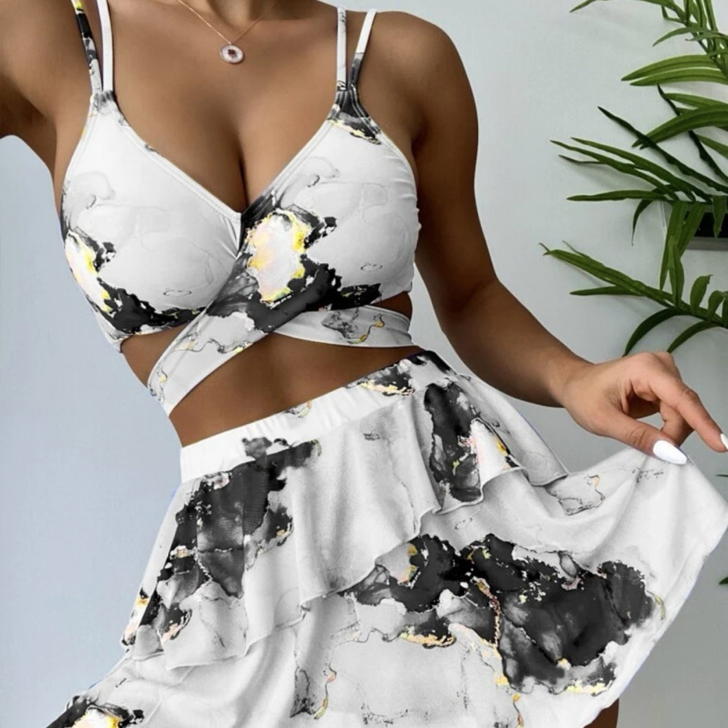 Women's Marble Printed Three-piece Set Bikini