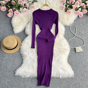 Autumn And Winter New Long Sleeve Round Neck Sexy Slim Fit Dress Waist