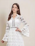 Sexy See-through Lace Long-sleeved V-neck Large Hem Dress Long Dress Women