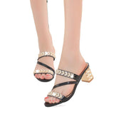 Women's Peep Toe Sandals Summer Rhinestone Mid Heel Diamond Sexy Korean Style Chunky Heel Shoes Fashionable Ladies Shoes