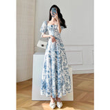 Vintage Floral Square Collar Puff Sleeve Short Sleeve Dress