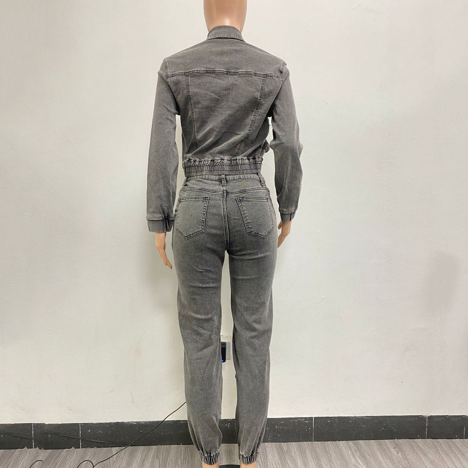 Women's Fashion Sexy Highly Stretch Multi-pocket Washed Denim Casual Suit Two-piece Set