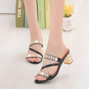 Women's Peep Toe Sandals Summer Rhinestone Mid Heel Diamond Sexy Korean Style Chunky Heel Shoes Fashionable Ladies Shoes