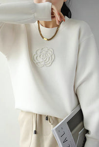 White Machine Embroidery Beaded Camellia Round Neck Loose All-match Air Layer Sweater