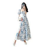 Vintage Floral Square Collar Puff Sleeve Short Sleeve Dress