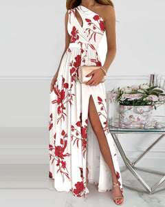 Rose Print Split Dress Summer Fashion One-shoulder Long Dress Womens Clothing