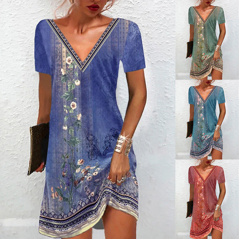 Printed Casual V-neck Short Sleeved Dress