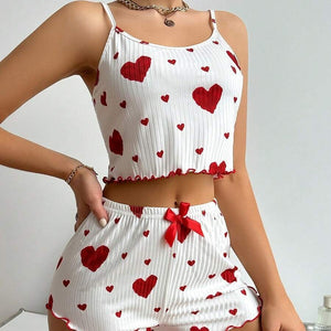 Heart Printing Suspender Shorts Casual Sunken Stripe Outerwear European And American Style Women Pajamas