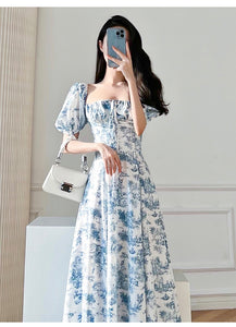 Vintage Floral Square Collar Puff Sleeve Short Sleeve Dress