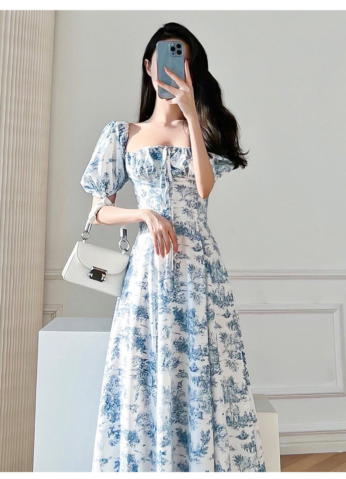 Vintage Floral Square Collar Puff Sleeve Short Sleeve Dress