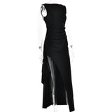 Simplicity Intellectual Sleeveless Flounce High Slit Design Backless Tight Dress