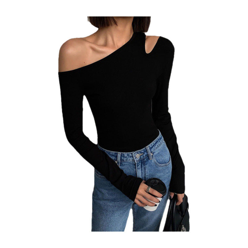 Women's Black Sexy One-shoulder Crossbody Bottoming Shirt