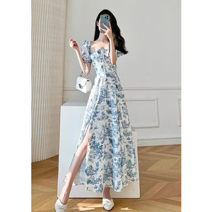 Vintage Floral Square Collar Puff Sleeve Short Sleeve Dress