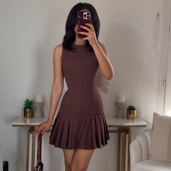 Slim Fit Wide Round Neck Pleated Mini Dress