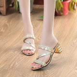 Women's Peep Toe Sandals Summer Rhinestone Mid Heel Diamond Sexy Korean Style Chunky Heel Shoes Fashionable Ladies Shoes