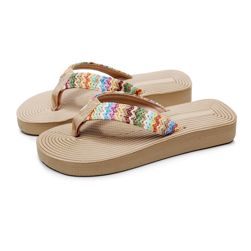 Women's PP Grass Imitation Woven Flip Flops Fashion Outerwear Wedge Beach Flip-flops Sandals