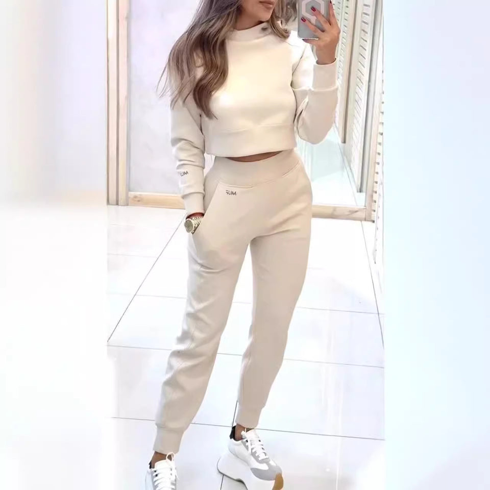 Stand Collar Sports Suit Fashion Pullover Long-sleeves Short Top And Slim Trousers With Pockets Solid Outfits Women's Clothing