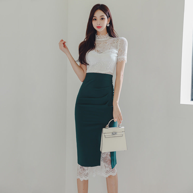 Slim-fit Elegant Lace Top Split Arm Covering Skirt Suit For Women