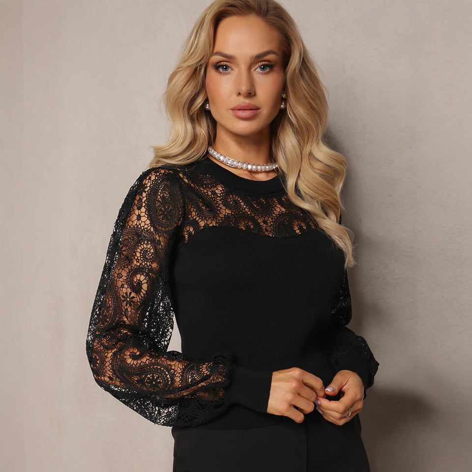 Spring Lace Stitching Hollow Long Sleeve High Quality Women's Commuting Wear