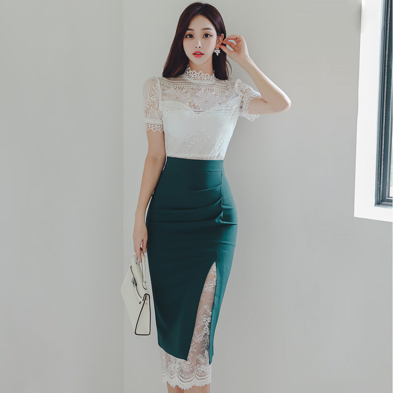 Slim-fit Elegant Lace Top Split Arm Covering Skirt Suit For Women