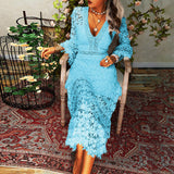 Sexy See-through Lace Long-sleeved V-neck Large Hem Dress Long Dress Women