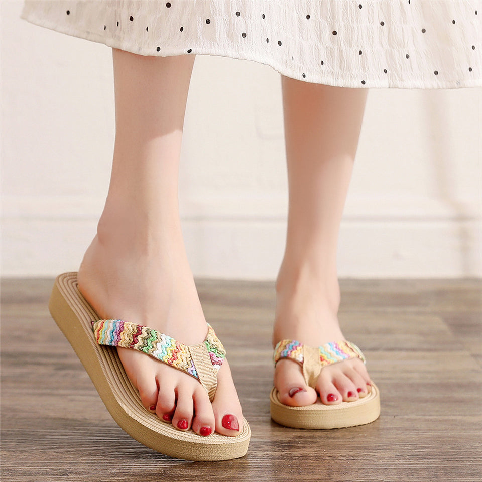 Women's PP Grass Imitation Woven Flip Flops Fashion Outerwear Wedge Beach Flip-flops Sandals