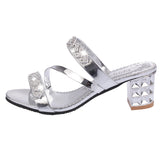 Women's Peep Toe Sandals Summer Rhinestone Mid Heel Diamond Sexy Korean Style Chunky Heel Shoes Fashionable Ladies Shoes