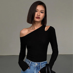 Women's Black Sexy One-shoulder Crossbody Bottoming Shirt