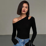 Women's Black Sexy One-shoulder Crossbody Bottoming Shirt