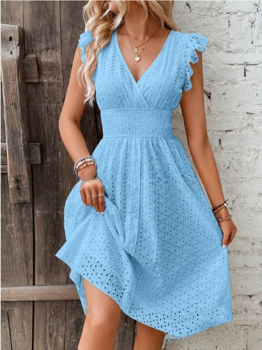 European And American Mid-length Lace Jacquard Hollow Thin V-neck Women's Dress