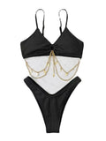 Women's Fashion Split Iron Chain Pure Color Bikini Swimsuit