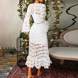 Sexy See-through Lace Long-sleeved V-neck Large Hem Dress Long Dress Women