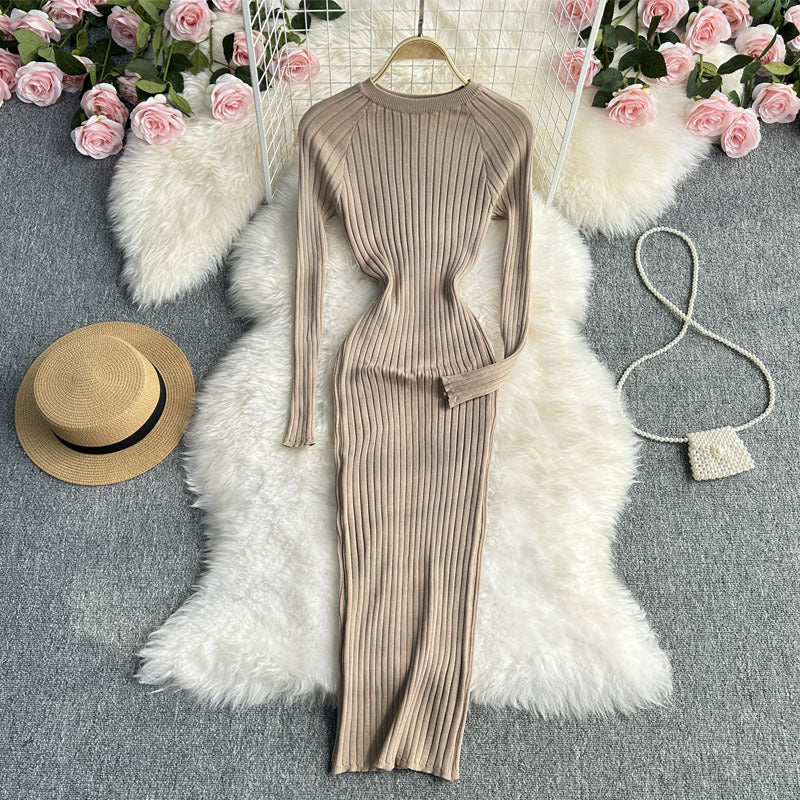 Autumn And Winter New Long Sleeve Round Neck Sexy Slim Fit Dress Waist