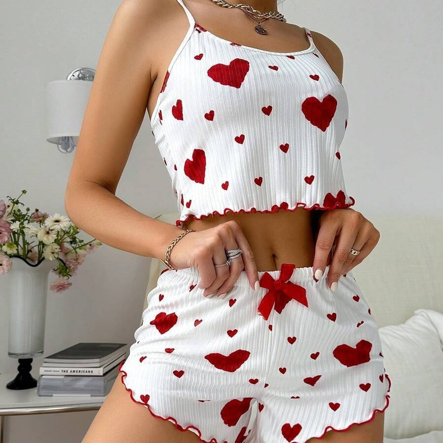 Heart Printing Suspender Shorts Casual Sunken Stripe Outerwear European And American Style Women Pajamas