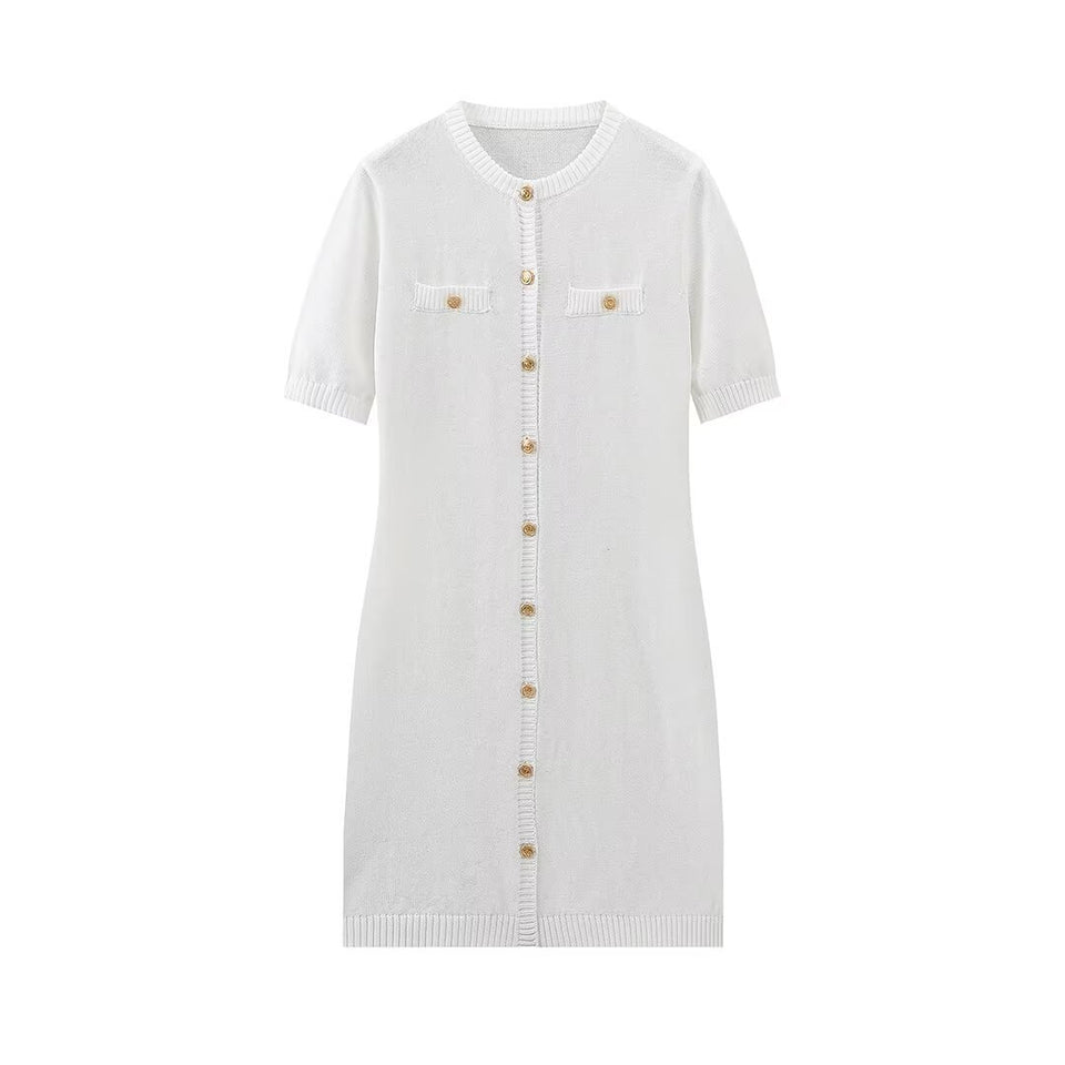 Knitted Short Sleeve Button Wool Dress