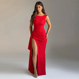 Simplicity Intellectual Sleeveless Flounce High Slit Design Backless Tight Dress