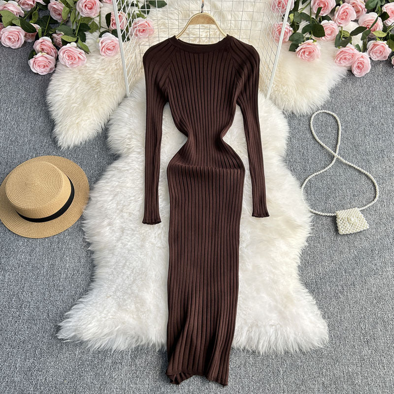 Autumn And Winter New Long Sleeve Round Neck Sexy Slim Fit Dress Waist